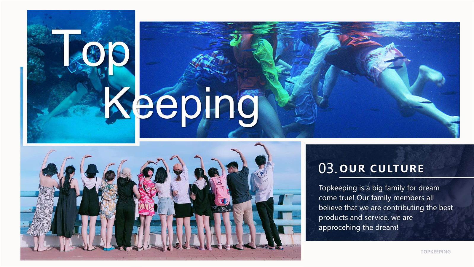 TOPKEEPING colleagues together during a team outing by the sea, from our company profile